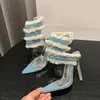 Liyke Design Denim Ankle Snake Surround Strap Sandal Women Transparent PVC Summer High Heels Party Stripper Shoes Pumps 240304