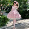 Sukienki swobodne 2024 Summerka Elegancka sukienka Elegancka sukienka Kobieta lolita miękka dziewczyna solidna kawaii łuk tracą koronkowe przyjęcie weselne jsk