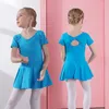 Stage Wear Ballet Dance Justaucorps avec jupe pour enfant Retour Bow Coton Dancewear À Manches Courtes Filles Exercices Robe De Danse Ballerine Vêtements