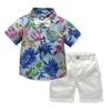 Conjunto de roupas de verão para bebês, meninos e meninas, floral, manga curta, camisa com botão, bermuda, shorts, conjunto de roupa havaiana