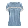 Women's T Shirts O-Neck Lace Stitching Shirt Women Cotton Tunics Casual Top Temperament Pleated Lady Summer 2024 Aesthetic Clothes