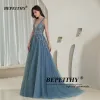 Guns Bepeithy Elegant V Neck Gray Blue Long Evening Jurken 2022 Party Sexy Backless Prom Jurk Mouwloze Robe de Soiree For Women