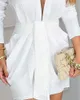 Basic Casual Dresses Spring Women Ball Gowns Deep V Neck Long Sleeve Plunge Ruched Party Dress Office Lady Wear White Wrap Mini Bodycon DressL2403