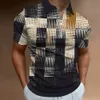 Mens Zip Polo Square 3D Print Graphic Caucal Stripes Lapel Polo Shirt Man Simple Golf Shirts Kort ärm Mänkläder 240304