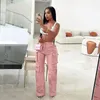 Calças femininas pu falso couro carga longa cintura alta mulheres bolso casual rosa hip hop calças de perna reta outono outfits streetwear