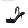 Dress Shoes Womens Open Toe Sandals Summer New Black Single word Shoulder Strap Thin High Heels Square Letter Rhinestone Womens High Heels Q240314