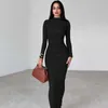 Winter nieuwe mode voor dames en sexy slanke fit geplooide split Solid Color lange mouwen jurk voor vrouwen