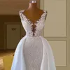 2024 Högkvalitativ sjöjungfru bröllopsklänning Sheer Neck Flower Lace Appliques Pärlor Boho Bridal Formella klänningar svep Train Vestidos de Novias Robe de Mariee