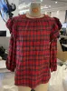 Womens Plaid Printed Blouse Beautiful Ruffle Pleated Top Long Sleeve O Neck Blouses Shirt 240306