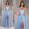 Baby blue a line Evening Dresses elegant with cape sweetheart Prom Dress beads Front Split Formal Long ogstuff tulle Dresses for special occasion