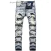 Jeans da uomo Uomo Biker Streetwear Paisley Bandana Stampa Patch Pantaloni in denim elasticizzato Fori patchwork Pantaloni neri dritti slim strappati