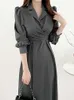 Basic Casual Dresses Long Dress Women 2024 New In Korean Elegant Polo Collar Cross Lace Up Waist Wrapped Bubble Sleeve Shirt Dress Womens ClothingL2403