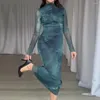 Casual Dresses Women Dress Elegant Pleated Midi For With Slim Fit Soft Elastic Fabric Stylish Half-high Collar Long Sleeve Fall