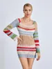 Casual Dresses Wsevypo Patch Color Crochet Knit Mini Dress Women's Elegant LongS Leeve O Neck Wrap Beach For Party Holiday Work