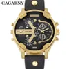 Luxo cagarny relógio de quartzo masculino pulseira de couro preto caso dourado dupla vezes militar dz relogio masculino casual masculino relógios homem x208y