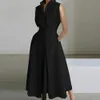 Loose Fit Dress Elegant Aline Midi with Lapel Button Detail High Waist for Formal Commute Style Big Swing Women 240313