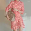 Party Dresses Birdsky 1pc Women Office Lady Dress Stand Collar Slim Waist Belt Mulberry Silk Red Flower Print S-445