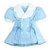 Girl Dresses Kids For Girls 1 tot 5 jaar 2024 Zomer Puffy Sleeve Bandage Drawage Blue Dress Children Kleding Blazer