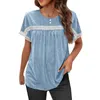 Women's T Shirts O-Neck Lace Stitching Shirt Women Cotton Tunics Casual Top Temperament Pleated Lady Summer 2024 Aesthetic Clothes