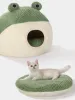 Esteras de felpa, camas verdes cálidas para perros y gatos, cesta anidada con forma de rana, camas para perreras para gatos de dibujos animados, accesorios para mascotas