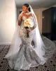 Mermaid Wedding Crystal Dress Llusion High Neck Long Sleeve Plus Size Bridal Troogs Beads Bruid Jurken Rozes Rabes de Mariee 326 ES 0514