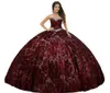 Sparkle Full Metallic Sequin Lace Wine Red Quinceanera Dresses Ball Gown VShaped Waistline Crystals Bodice For Girls 15th Birthda4482866