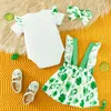 Kläduppsättningar född baby flicka St Patricks Day Outfit Kort ärm brev tryck Romper Suspender kjol Bow pannband 3 st fyra blad