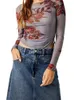 T-shirts Femmes Chronstyle Femmes Mesh See Through Slim Fit Tees Crop Tops Floral Print T-shirts à manches longues à col rond pour le printemps été