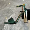 Brunt tyg High Heeled Sandals Classics Jacquard Gold Metal Hollow Heel Round Ankle Strap Chunky Heel Sandaler Luxury Designer Party Dress Shoes 35-42 med låda