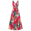 2024 Summer Women's New Double V-neck Sleeveless Split Printed Long Strap Dress for Women