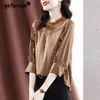 Blouses Femmes Haute Qualité Élégant Mode Chic Dentelle Creux À Volants Bureau Dame En Mousseline De Soie Chemise Femmes Coréen Solide Lâche Blouse Top Blusas