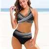 Bikinis Peachtan Solid Black Bikini Set Three Pieces Swimsuit Women 2023 New Halter Swimwear Crisscross Bathing Cosplay Suit Girlsl231225