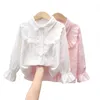 2023 Spring Autumn Long Sleeve Kids Shirts School Girl Shirt Baby Toddler Teen Girls Lace White Blouse Topps Children kläder 240307