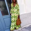 Basic Casual Dresses Women Maxi Dress Printing V-neck Beach Dress Hem Slit Contrast Color Maxi Dress Long Sleeves Lady Summer Dress Female ClothesL2403