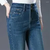 Jeans femininos 2024 primavera e outono cintura alta perna reta elástica magro ajuste calças casuais