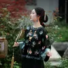 Ethnic Clothing 2024 Spring And Autumn Flower Printed Women Vintage Chinese Style Retro Tang Suit Top Shirt Round Collar Big Sleeve Blouse