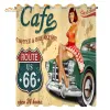 Tende Route 66 Tende da cucina Cafe Diner Sign Vintage Lady Sitting on a Car Highway Nostalgic Grunge Theme Window Tende per cucina