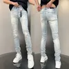 Jeans masculinos 2024 primavera rasgado buraco denim calças de homem lavando luz azul hip hop slim fit calças high street mendigo