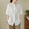 Damesblouses Shirts voor dames Katoen Linnen Polohals Vintage Losse halve mouw Casual Koreaanse modeblouse met enkele rij knopen Kantoortops