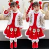 Kledingsets Baby Hanfu meisje winterjaarkleding kinderkerstjurk plus fluwelen tangpak