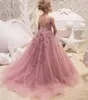 Sukienki dla dziewczynek różowy elegancki kwiat na wesele puchowe rękawy księżniczki aplikacje wieczorne impreza Pierwsza suknia balowa tiulowa komunia