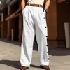 Men's Pants Men Casual Loose Mid Waisted Trousers Fashion Button Decoration Male Long Streetwear Solid Pockets Straight