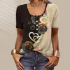 Women's Blouses Breathable T-shirt Ethnic Style Floral Print Summer Collection O-neck Short Sleeve Tops Henley V Neck