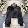 Women's Blouses XFPV Women Loose Three-dimensional Flower Blouse Fashion Stand Collar Puff Sleeve Shirts Spring Summer 2024 SM10311