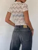 Dames T-shirts Dames bloemenkant korte mouw top sexy backless doorzichtig crop slim fit uitgaan streetwear