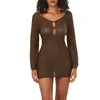 Vestidos casuais mulheres crochê cobrir verão manga longa oco out backless bikini swimwear malha pulôver vestido de praia