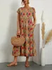 Robe en coton et lin pour femmes, élégante et à la mode, col rond, imprimé, manches courtes, jupe Aline, florale unique, longue, 240313