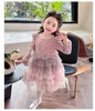 Children sequins puff sleeve princess dresses girls tiered lace tulle cake dress 2024 spring kids birthday party clothes Z7160