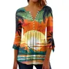 Kvinnors T-skjortor Bell 3/4 ärm T-shirt för kvinnors kausalknapp ner Hawaii Landscape Print Tunic Tops Summer Regular V Neck Bluses