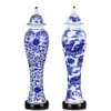 Florero de cerámica para el hogar de porcelana azul y blanca Vintage con tapa, adornos para manualidades, decoración floral delgada creativa, Vases247e